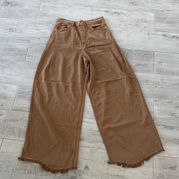 Wide-Leg Brown Frayed Hem Pants - Picture 1 of 8